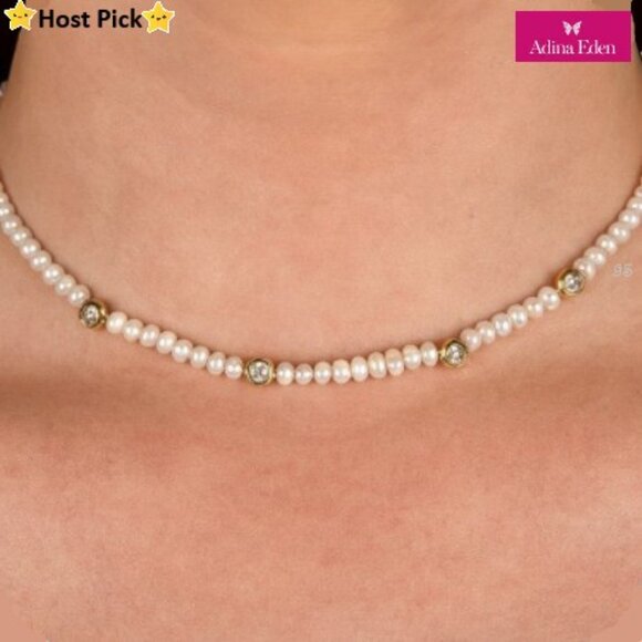Adina Eden Jewelry - ADINA EDEN 14K Gold Plated Sterling Silver Freshwater Pearl & CZ Choker Necklace